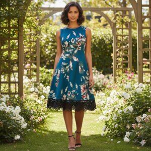 Donna Ricco Teal White Floral A-Line Dress with Lace Hem Sleeveless